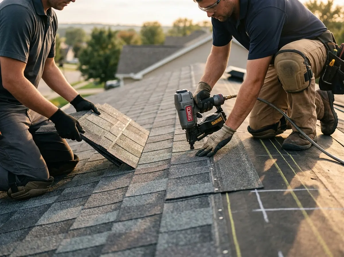 Professional roofer working on a residential roof in Williams